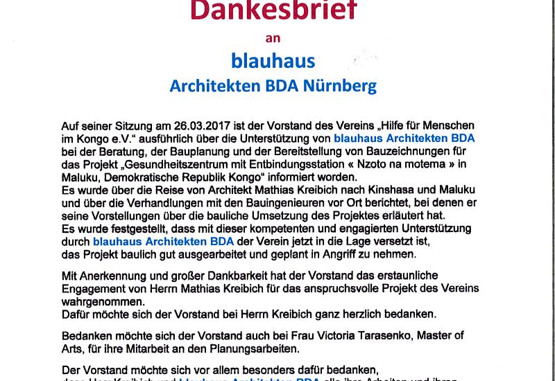 Bild: Dankesbrief des Vorstands "hilfe für menschen im kongo e.v."